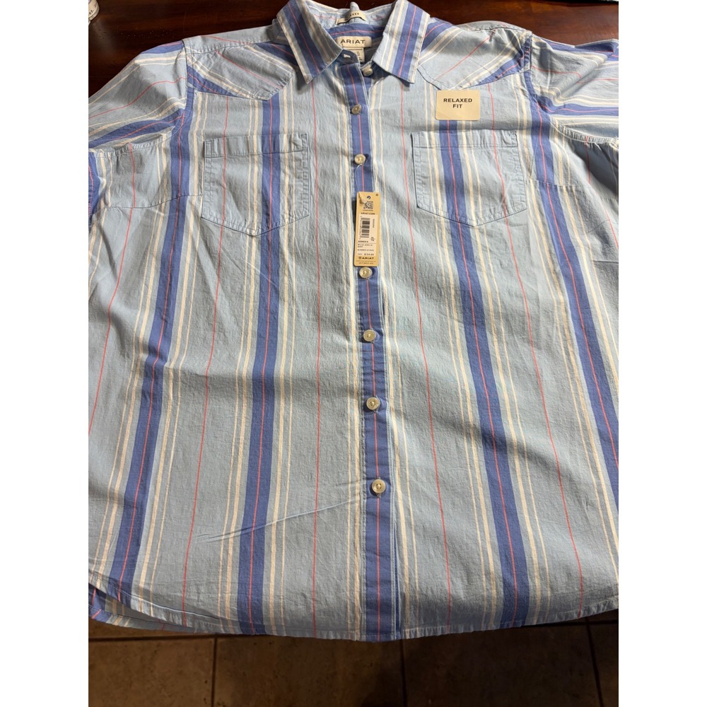 Ariat Billie Jean LS Shirt Women XL Summer Stripe Relaxed Fit Western Blue New